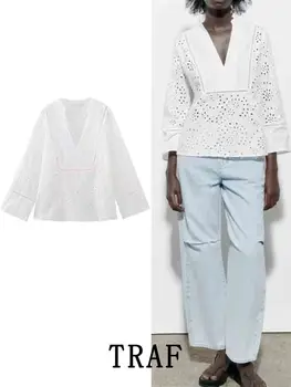 ТРАФИКА на 2023 Бяла блуза с куха бродерия, дамски ежедневни ризи за жени, ризи и блузи с дълъг ръкав, дамски летни ризи, блузи