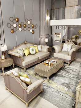 Американски диван от масивно дърво, луксозни хол, малък апартамент във Франция, европейската кожени мебели за вила, лесен европейският диван