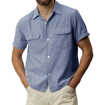 2023 Мъжки Ежедневни блуза, памучен риза, Свободни Топове, тениски с къс ръкав и джоб, лятна плажна ежедневни красива мъжка риза