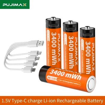 Изход PUJIMAX Type-C За зареждане на литиево-йонна батерия тип AA 3400 МВтч 1,5 В, Литиево-йонна Акумулаторна батерия, Екологично чиста и устойчива