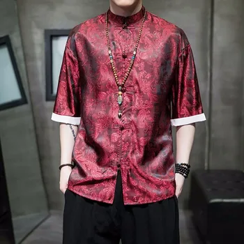 Летни мъжки блузи в китайски стил 2023, костюм в стил Тан, модни однотонная традиционна риза с къс ръкав в китайски стил с изображение на дракон