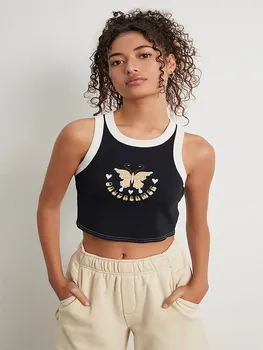 2023 лятна дамски памучен тениска с къс хлопковым принтом в ретро стил, без презрамки hot girl tank top с принтом пеперуди Y2K готически high street 