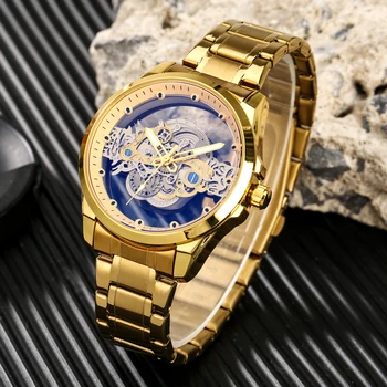 Луксозни златни часовници за мъже, мъжки кварцов часовник, прозрачна имитация на механични хоризонтално набиране, златна каишка, сгъваема обтегач