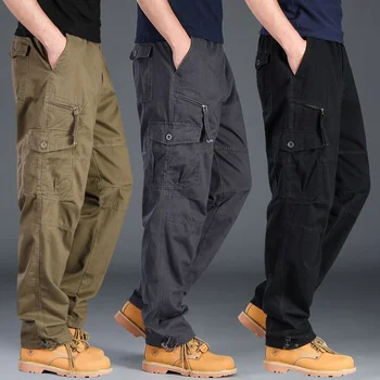 Мъжки ежедневни панталони-карго джоб с множество джобове, тактически армейските преки свободни панталони в стил милитари, мъжки гащеризони, панталони с еластичен ластик на талията