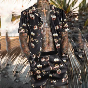 Летни Мъжки хавайски комплекти, черна риза с къс ръкав и копчета, с флорални принтом, плажни шорти, комплект от две части, всекидневни празничен мъжки костюм от 2 теми