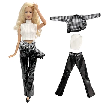 3 предмет/комплект за модни облекла, модерно палто + бял топ + Панталони от изкуствена кожа, офис униформи за Барби кукли, аксесоари за кукли 1/6, дрехи за кукли