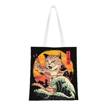 Чанта за покупки от японската Кухня, холщовые чанти с принтом, чанти през рамо, преносима чанта Neko Sushi Wave