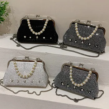 Луксозен дизайнерски женски клип във формата на миди, Чанта с диаманти, Малки чанти-книги, Дамски перлена чанта през рамо, чанта на верига, вечер клатч