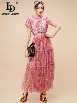 LD LINDA DELLA, Модерно лятно рокля за Подиум, женствена рокля с еластична талия в стил мозайка с флорални принтом, Розово-дълга почивка облекло за почивка