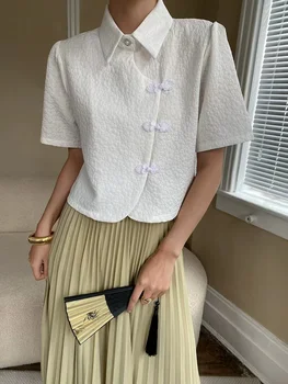 3D жаккардовая фланелка Рокля копчета в китайски стил с яка Поло, блуза, жена топ 2023, лятна дамска бяла тениска