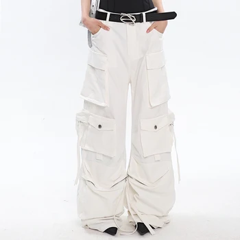 Дамски дизайнерски широки широки дънки Със стари выстиранными големи джобове, свободни дънки-карго в стил сафари, Панталони