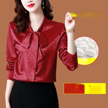 Пролетната мода, сатен шифоновая блуза с лък, дамски свободна однотонная риза с дълъг ръкав, офис дамски Елегантни блузи, Потници, Облекло J15