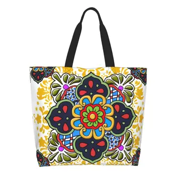 Модерен печат, мексико цвете чанта-тоут Talavera, Чанти за пазаруване, Платно, чанта за пазаруване, народна керамика, художествена чанта