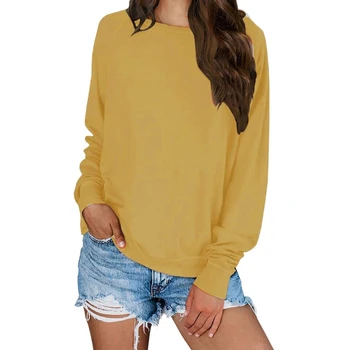 Дамски блузи с кръгло деколте и дълъг ръкав, всекидневни свободен обикновен пуловер