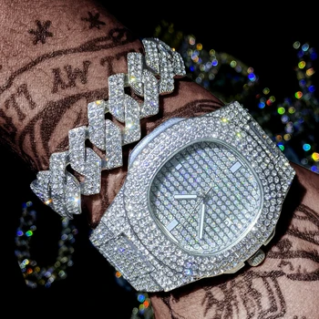 Дамски Часовник-гривна Iced Out Златни дамски ръчни часовници Клас Лукс с кристали AAA, кубински гривна-верига, Часовници-дрънкулката, Бижута