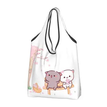 Чанти-тоут с принтом в стил Kawai, праскова и Гома, преносима чанта-купувач с анимационни котка Моти