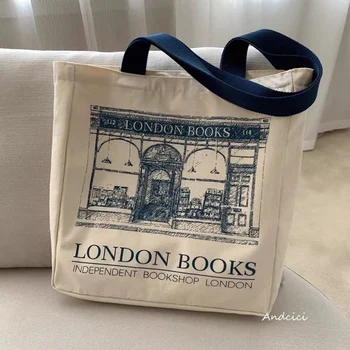 Дамски холщовая чанта на рамото с принтом Лондон книги, дамски ежедневни чанти-тоут, Множество памучен плажната чанта за пазаруване с голям капацитет