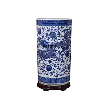 Керамични бяло-синя порцеланова голяма ваза, за да украсят дома в хола