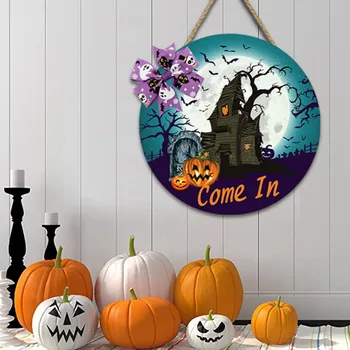 Дървени гоблени на Хелоуин, обзаведени в празничната атмосфера, Дървена табела, декорация за дома, Гоблени на Хелоуин
