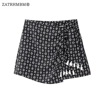 ZATRHMBM, Дамски Летни Нови Модни мини-шорти с принтом, Реколта асиметрични Дамски Къси Панталони с висока Талия, Mujer