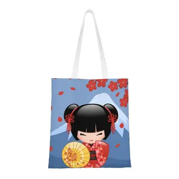 Японската Червена кукла Сакура Кокеши, чанта за пазаруване в хранителни магазини, холщовая чанта за пазаруване с принтом Kawai, здрава чанта за гейша