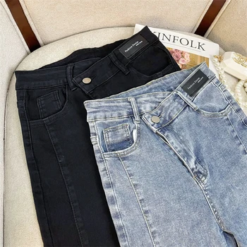 2023 Новият годишен корейски стил, панталони с висока талия, модерни дамски универсални разкроена джинси с отрязани, дамски дънки