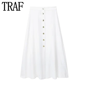 ЯДРОТО, бяла пола, дамски дълги поли копчета, Мода 2023, лятна пола трапецовидна форма, с висока талия, Елегантни дамски поли