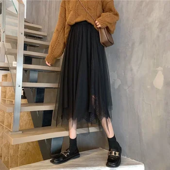 Корейската мода дълга черна пола за жените и момичетата, лятна ежедневни облекла, реколта елегантна плажно облекло в стила на Kawai