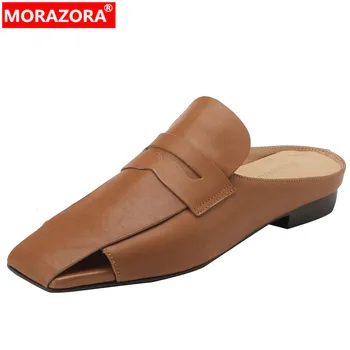 MORAZORA/нова реколта дамски чехли от естествена кожа 2023, дамски джапанки, летни обувки на нисък квадратен ток, ежедневни чехли