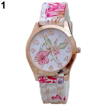 Старинните дамски часовник с флорални принтом, каишка силикон, цифри, циферблат от сплав, кварцов часовник Reloj Mujer дамски часовници за подарък