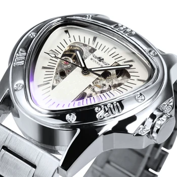 WINNER висок клас марка Сребърни механични часовници с виртуален скелет с циферблат 49 мм, мъжки механични часовници с автоматично неправилно триъгълен корпус, кралския каишка от неръждаема стомана