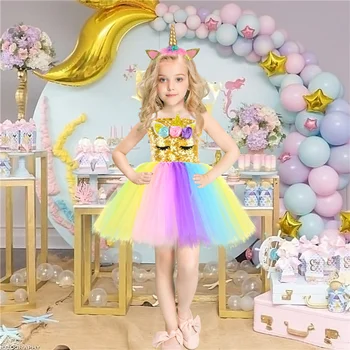 Коледен възел за деца 1-10 години, цветна рокля с единорогом, комплект празнична рокля на принцеса