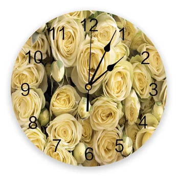 Жълта роза Романтично растение Кръгли стенни часовници Акрилни висящи тихи часове Домашен интериор Спалня Хол Офис декор
