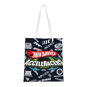 Лого AcceleRacers Hot Wheels, чанта за пазаруване на продукти, женствена чанта за пазаруване в спортен автомобил с модел на Kawai, Холщовая пазарска чанта на рамото, Чанта