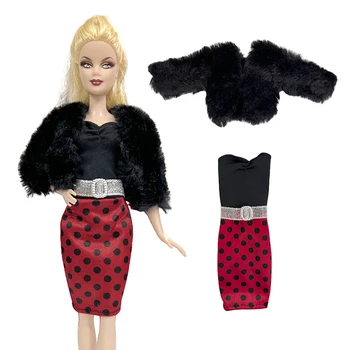 2 броя/комплект модни дрехи, черен топ, меховое козина, червено модерна рокля с пола, празнична дрехи за момичета, аксесоари за Барби кукли, Играчки