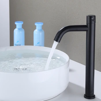 Черен хром-висок кран за мивка, тънък Кран за мивка в банята, кран от неръждаема стомана, кран за басейн със студена вода