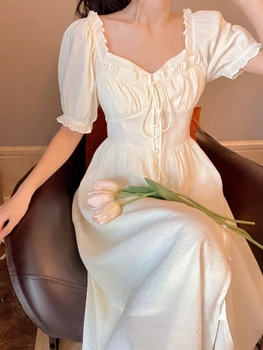 Френското елегантна рокля с пищни ръкави, женски празнично однотонное ежедневното рокля midi 2022, лятно коварен винтажное цельнокроеное рокля, Корейската мода