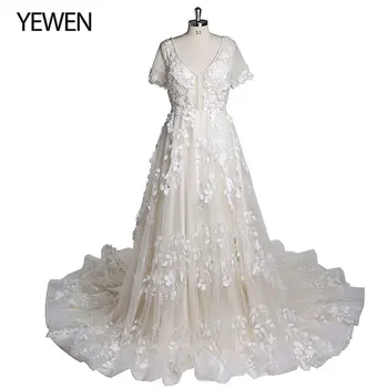 Дантелено сватбена рокля цвят на слонова кост цвят шампанско с V-образно деколте, луксозна Сватбена рокля с флорални дантели сватбена рокля с къс ръкав YEWEN