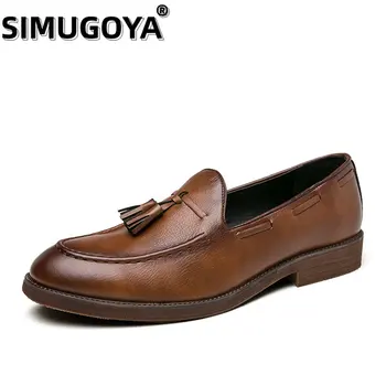 SIMUGOYA, мъжки ежедневни обувки, марки, мода удобни кожени обувки за мъже, Oxfords, бизнес кожени обувки без закопчалка на равна подметка, голям размер