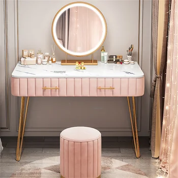 Тоалетка от масивно дърво в скандинавски стил за обзавеждане на спални, огледален шкаф с led подсветка, изчистен лампа, луксозен тоалетка за грим