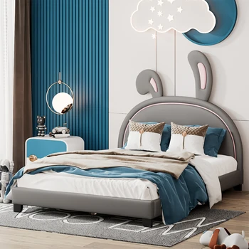 Пълен размер на кожено легло-платформа с орнаменти във формата на зайче, сив