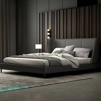 Италианската минималистичная кожено легло, модерна минималистичная кожено легло 1,8 м, малка спалня, двойно легло, директна продажба с фабрика