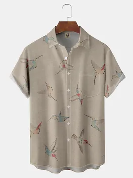 Модерна мъжка лятна риза с джобове и принтом птици, мъжки хавайски плаж топ с къс ръкав, ежедневни риза