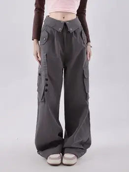 гащеризон женски пролетта в американски стил с уличната катарама, с множество джобове с капак на талията, прави всекидневни спортни панталони, на мода 2023 