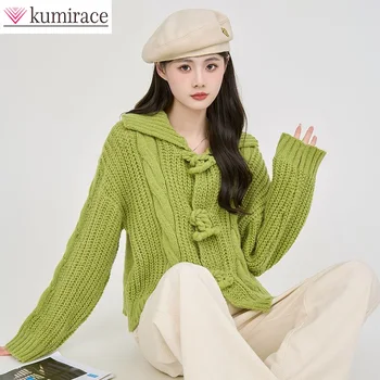 Зелена жилетка копчета от воловьего рога, вязаная яке, дамска есенно-зимна новост 2022, корейски модерен шик-пуловер, вязаный топ