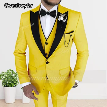 Мъжки жълт костюм Gwenhwyfar 2023, оборудвана Однобортный костюм за сватбени услуги, официални партита, Мъжки смокинг от 3 теми (сако + Панталон + Елек)