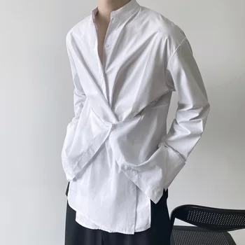 2022 Есенни ризи в корейски стил с висока яка, мъжки ежедневни свободни бели ризи M-XL