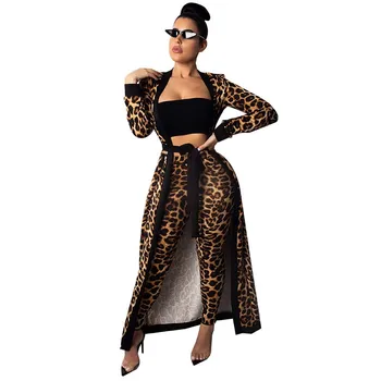 Модерен комплект от две части с леопардовым принтом, женски нова есенна жилетка с дълги ръкави и коланите и прилепнали панталони-молив, костюми