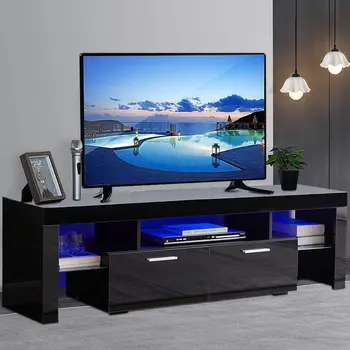 Черна поставка за телевизор с диагонал 70 инча, модерен приставной масичка за телевизор е с led подсветка 16 цвята
