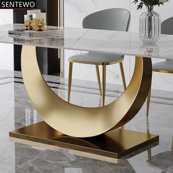 Луксозен дизайнерски маса за хранене от мраморни плочи с 4 стола de mesa jantar comedor de comedor мебели, златната основа от неръждаема стомана
